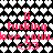 Pixelated red text on a heart-patterned background with repeated phrases and symbols.