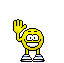 Yellow cartoon character with white eyes and blue shoes waves left hand, speech bubble alternates between 'Take' and 'Take care' text.