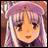 Pixelated anime-style portrait of a character with light purple hair and closed eyes, rendered in warm tones against a blurred background.