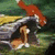 A pixelated image shows a character with brown hair and white clothing holding an object, next to greenery and a red figure on a blue background.