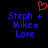 Pixelated blue text on black background reads "Steph + Mike = Love" with a red heart symbol above the left text block.