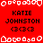 Red background with repeated black text 'KATIE JOHNSTON' and '<3<3<3' below, surrounded by white pixelated border shapes.