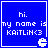 Blue square icon with white pixelated text reading 'hi. my name is KAITLIN<3' and a small white Pac-Man-like symbol at bottom right.