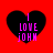 Four identical black heart shapes on a solid red background, each containing vertical text reading "I LOVE JOHN" in pink pixelated letters.