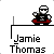 Pixel art animation of a character in black and white with red accents performing actions on a platform, labeled 'Jamie Thomas' below.