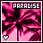 Pixelated pink and black palm tree scene with 'PARADISE' text in top-left corner, heart symbol at bottom left.