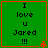Green square with orange border displays text "I love u Jared !!!" and small red flame icon in bottom-right corner.