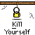 Pixel art character with white head and yellow body in four of four, each showing different facial expressions and text bubbles