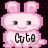 Pixelated pink bunny with black eyes and mouth, displaying text 'Cute' on left, 'yet' on right, and 'scary' below, against dark background.