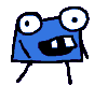 Blue cartoon character with large white eyes and two front teeth in a black mouth, shown in multiple walking poses against gray background.