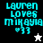 Pixelated cyan text reads "lauren loves mikayla" with heart-eyes and "33" below, on black, white, and gray backgrounds with star symbols.