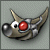 Pixelated creature with large red eye, white eye, and two curved horns on gray background.