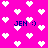 Pixelated pink background with white heart shapes and blue text reading "JEN :)" in four locations.