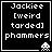 Black square icon with white pixelated text "Jackiee [weird tarded] phammers" and a small alien-like figure at bottom right.