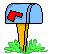 Blue mailbox with red emblem on pole, yellow post, green grass base, white envelope, and red hearts in pixel art style.