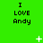 Green background with repeated 'I LOVE Andy' text in black pixelated font, scattered white plus and X symbols.