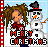 Pixel art contact sheet showing two animated frames of a woman and snowman with "MERRY CHRISTMAS" text, where the second frame has altered lettering.