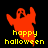 Pixelated red ghost with raised arms and open mouth, yellow text 'happy halloween' below, black background.