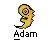 Pixelated yellow embryo-like figure with spiral head and black outline, positioned above stylized 'Adam' text on gray background.