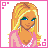 Pixel art contact sheet of a blonde cartoon character in pink outfit with multiple poses and text frames showing "pretty in pink".