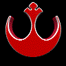 Red circular symbols with white outlines and central cross-like shapes, arranged in a on black background