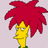 Pixelated cartoon character with bright red spiky hair, yellow skin, and a green collar against a light gray background.