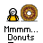 Animated contact sheet of a pixel art character eating donuts with sequential frame changes showing the character's mouth and body position shifting as it consumes the donut.