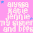 Pink background with repeated white text and blue stars, featuring names and phrases in a pattern