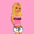 Pixelated cartoon woman with blonde hair in pink crop top and white shorts on pink background, repeated across contact sheet frames with visible text overlays.