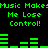 Green pixelated text and audio visualizer bars on black background, repeating 'Music Makes Me Lose Control!' with green equalizer bars shifting horizontally.