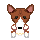 Pixelated dog avatar with brown and white fur, pink inner ears, and a blue mouth, shown in two states with mouth open and closed.