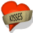 Red heart-shaped icon with beige banner reading 'KISSES' in black text, displayed across six positions