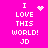 A bright pink background displays four identical text blocks with 'I LOVE THIS WORLD! JD' in white pixelated font, each with a different animated symbol above 'I'.