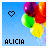 Pixelated image of colorful balloons with a heart symbol and the name 'ALICIA' in block letters on a blue background.