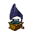 Pixelated image of a vintage gramophone with blue horn, brown base, and green turntable in two
