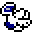 Pixelated character with blue and white body, black outline, and blue checkered patterns on head and foot, shown in two poses against gray background.