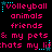 Pixelated text in pink and cyan on black background with animated star effects, repeating phrases about volleyball, animals, friends, pets, and life chats.