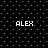 Four identical pixelated text displays of 'ALEX' on a black background with cyan dots, arranged in a