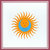 A pixelated sunburst icon with a blue center and orange-yellow rays, framed by a light pink border on a white background.