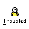 Animated contact sheet of a pixel art character with yellow body and white head, showing sequential frames where the character's hands move from chest to face while red tongue-like shapes emerge from its mouth.