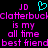 Pixelated text and symbols on black background: 'JD' above cyan heart, repeated pink text reading 'clatterbuckClatterbuck is my all time best friend', with mirrored layout.