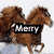 Brown horse with flowing mane against white background, text overlay 'Merry' on left; dark blue background with purple glow and text 'Horsey Christmas!' on right.