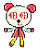 Pixelated cartoon character with red ears, white face, black nose, and yellow legs wearing a pink dress; eyes display 'FD' text in left frame and 'ED' text in right frame.
