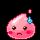 Pixelated pink cartoon character with a blue gem on its head, dark eyes, and red cheeks against a black background.
