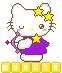 Pixelated Hello Kitty avatar with closed eyes, yellow stars on head, purple dress, and bow, standing on white base with yellow text below.