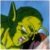 Pixelated static image shows a yellow-skinned figure with dark hair and green clothing against a blue background.