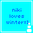 Four identical blue square display "niki loves winter=]" text with a white snowman icon, each bordered by a white frame
