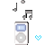 Pixel art of a white MP3 player with blue screen and gray click wheel, surrounded by floating musical notes and a small cyan heart in the center.