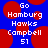 Blue background with red circular shapes and white pixelated text reading "Go Hamburgh Hawks Campbell 51" in two identical side-by-side arrangements.