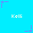 Pixelated blue background with repeated white text 'Kelli' and pink/purple star-shaped animations in a